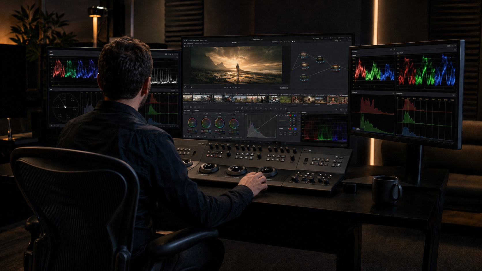 Colorista trabajando con DaVinci Resolve y consola Blackmagic en una sala de postproducción cinematográfica.