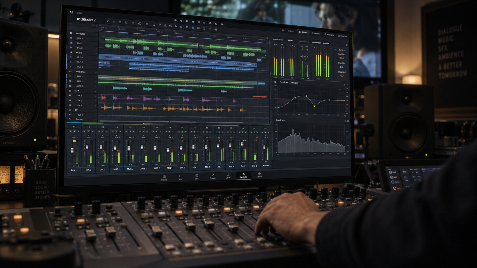 Postproducción de audio en DaVinci Resolve Fairlight con mezcla multipista, ecualización y análisis de frecuencias.