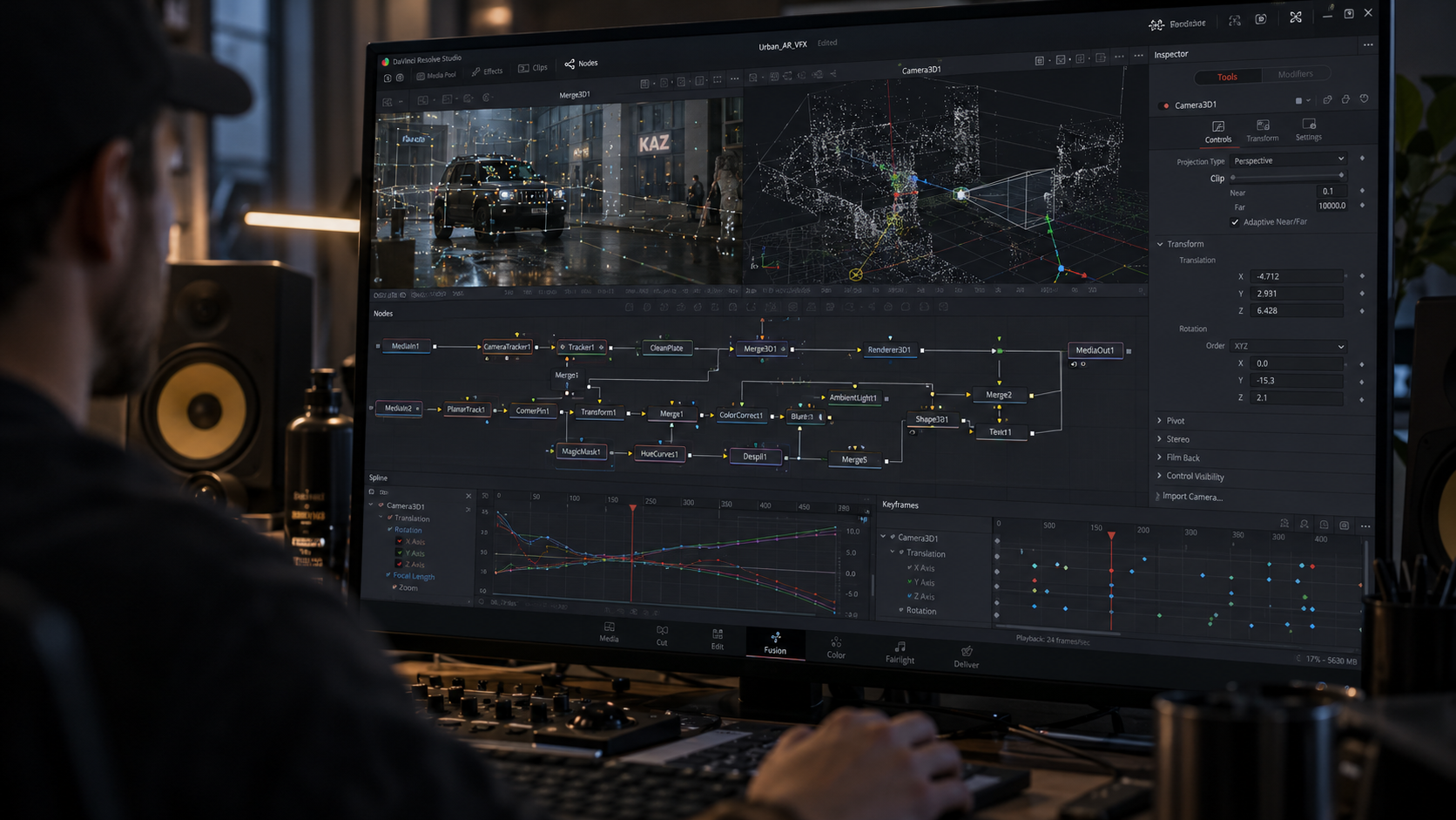Interfaz avanzada de Fusion en DaVinci Resolve con composición 3D, tracking sofisticado y corrección de imagen en postproducción.