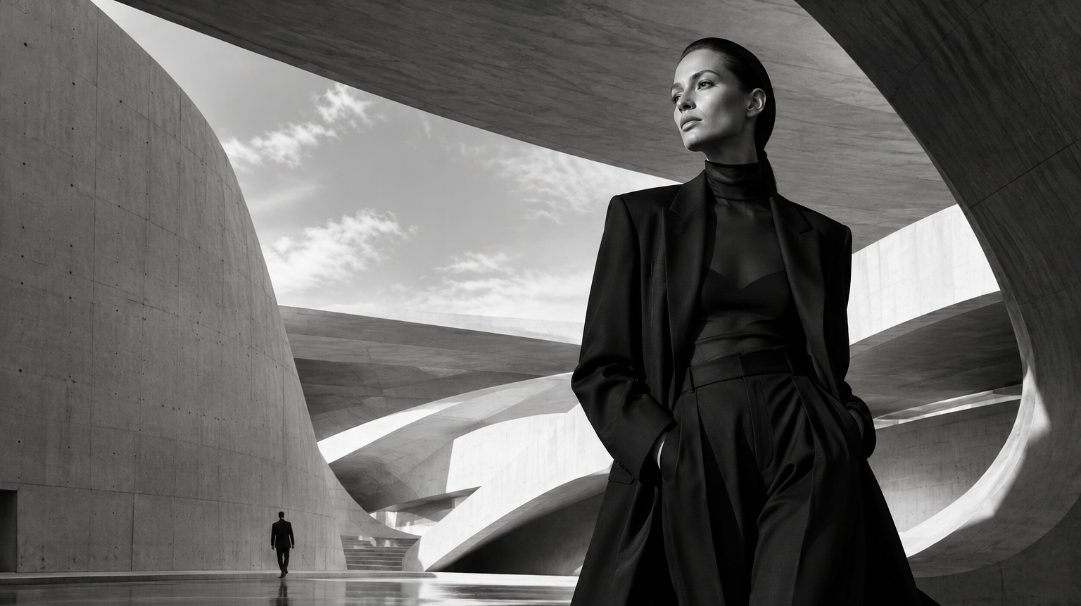 Producción de moda en blanco y negro creada con inteligencia artificial en una arquitectura futurista de hormigón