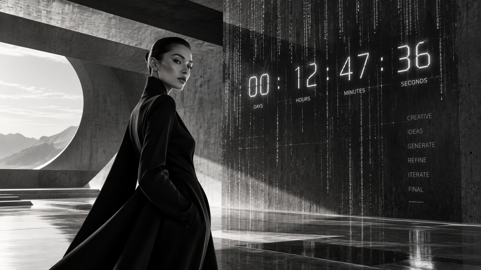 Modelo frente a un temporizador digital en una arquitectura futurista representando los tiempos de producción con inteligencia artificial