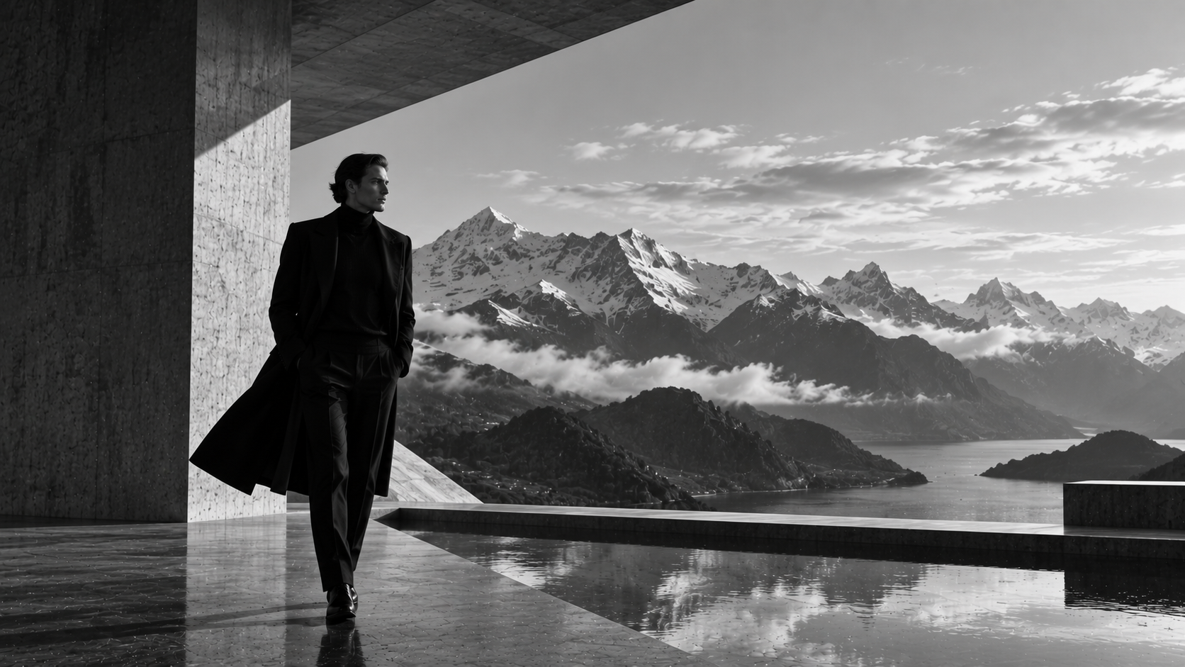 Hombre en un paisaje de montaña creado con inteligencia artificial, combinando estética cinematográfica y entorno patagónico