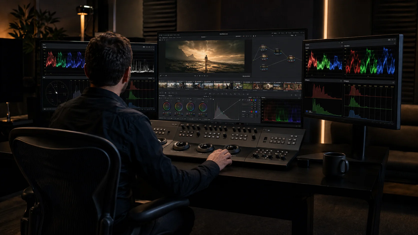 Colorista trabajando con DaVinci Resolve y consola Blackmagic en una sala de postproducción cinematográfica.