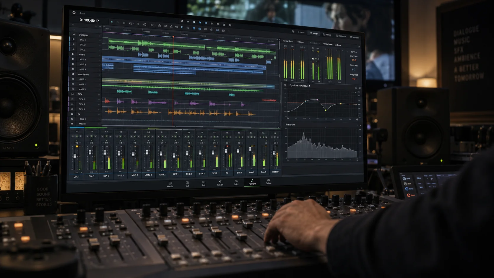 Postproducción de audio en DaVinci Resolve Fairlight con mezcla multipista, ecualización y análisis de frecuencias.