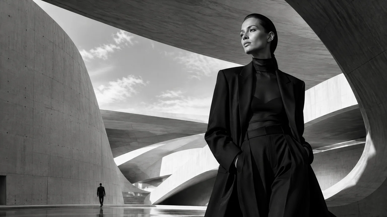 Producción de moda en blanco y negro creada con inteligencia artificial en una arquitectura futurista de hormigón