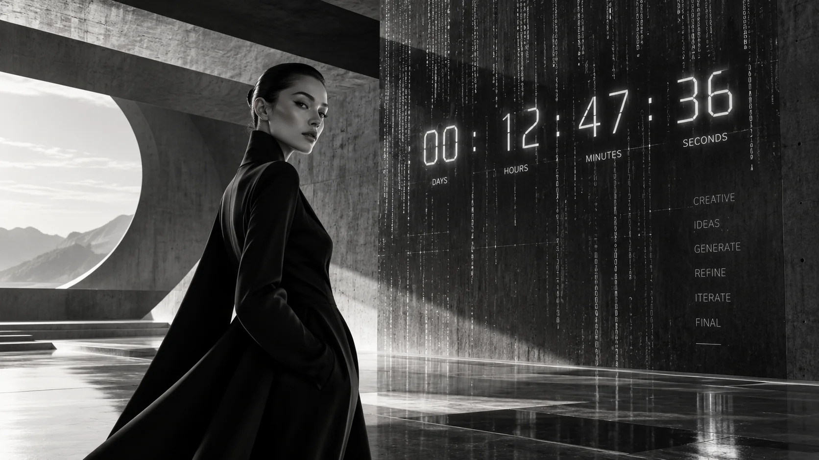 Modelo frente a un temporizador digital en una arquitectura futurista representando los tiempos de producción con inteligencia artificial