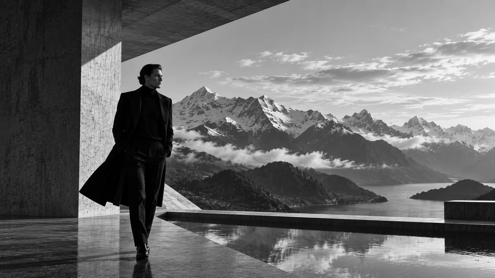 Hombre en un paisaje de montaña creado con inteligencia artificial, combinando estética cinematográfica y entorno patagónico